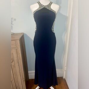 NWT Petite Beaded Navy Halter Evening Dress